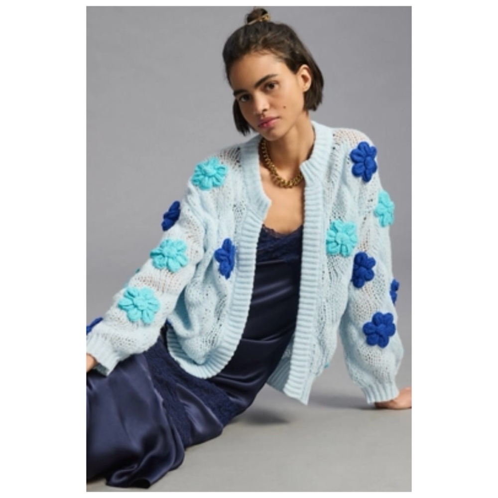 NWOT Anthropologie Maeve Floral Appliqué  Cardigan In Sky   Size Small